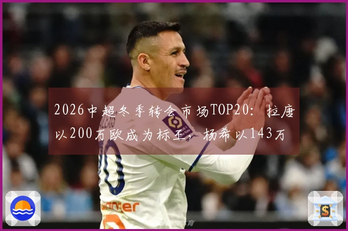 2026中超冬季转会市场TOP20：拉唐以200万欧成为标王，杨希以143万欧夺得本土标王